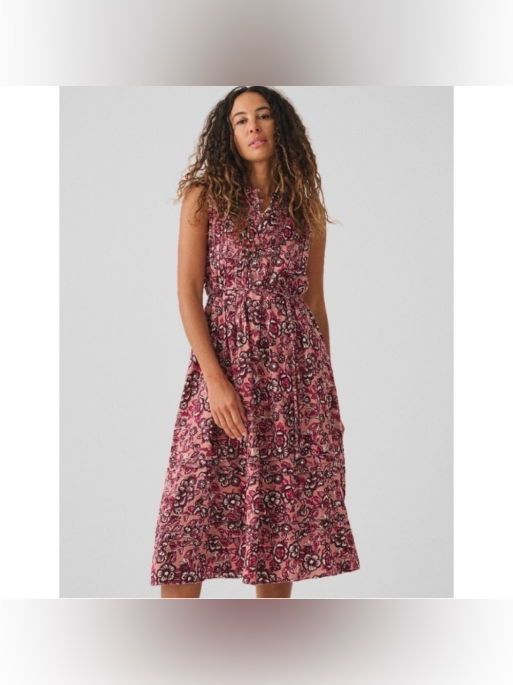 Faherty Isha Floral Linen Midi Dress Rose Desert Bloom Small‎